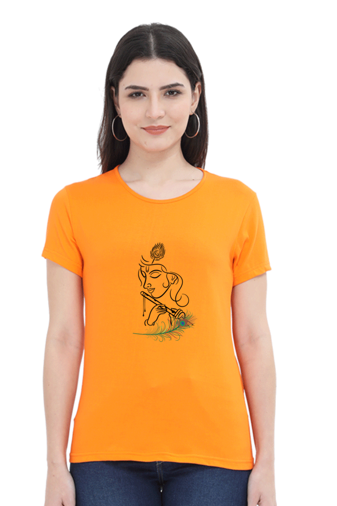Female Round Neck Half Sleeve Classic T-Shirt -  Shree Krishna with Flute DTF Print