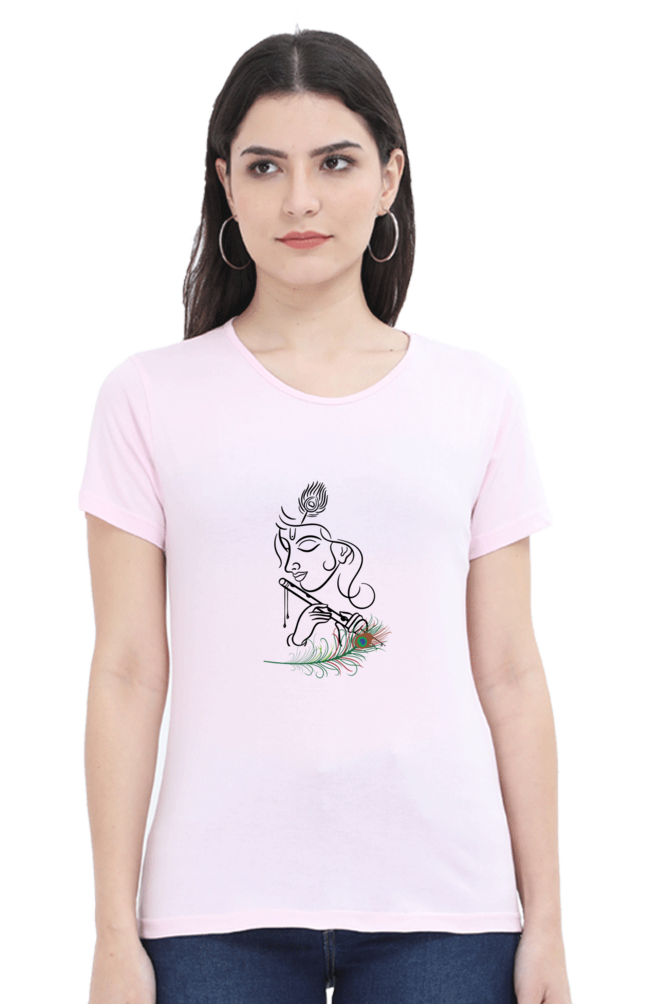 Female Round Neck Half Sleeve Classic T-Shirt -  Shree Krishna with Flute DTF Print
