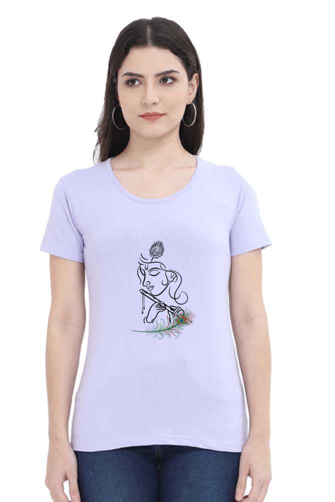 Female Round Neck Half Sleeve Classic T-Shirt -  Shree Krishna with Flute DTF Print