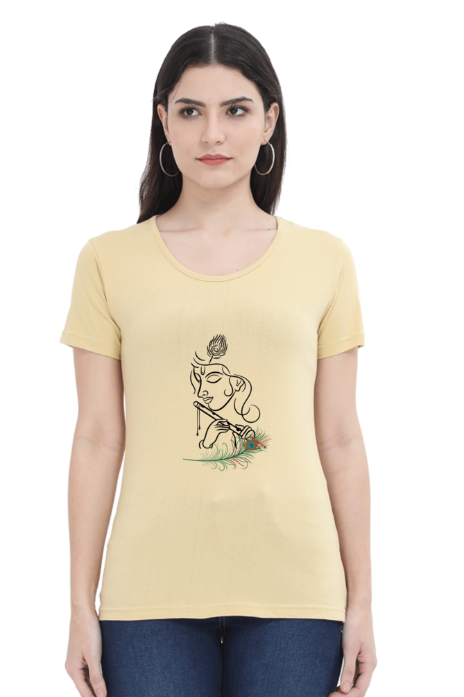 Female Round Neck Half Sleeve Classic T-Shirt -  Shree Krishna with Flute DTF Print