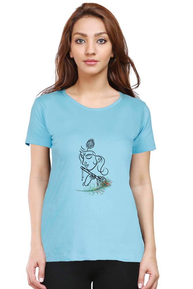 Female Round Neck Half Sleeve Classic T-Shirt -  Shree Krishna with Flute DTF Print