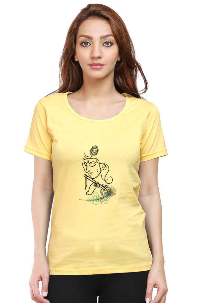 Female Round Neck Half Sleeve Classic T-Shirt -  Shree Krishna with Flute DTF Print