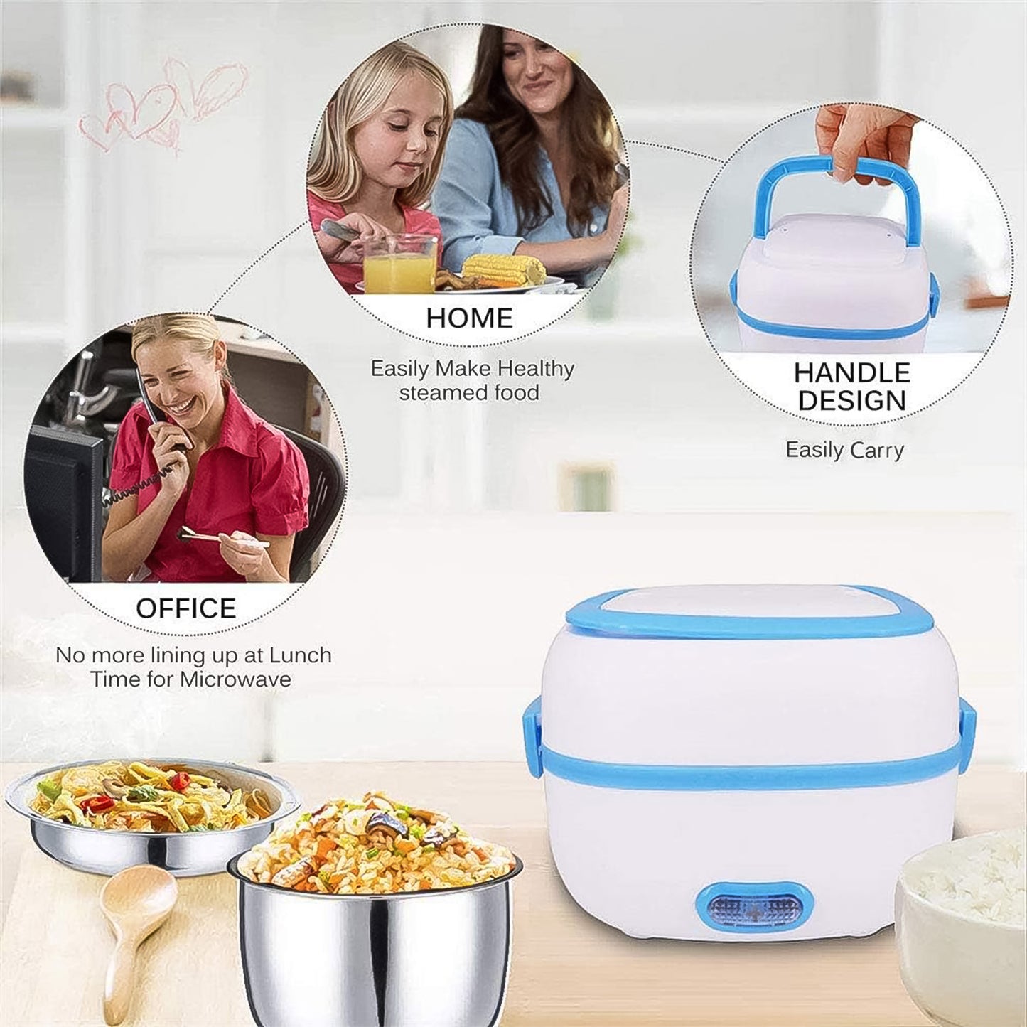 Electric Lunch Box 3 In 1 Food Heater Cooker Steamer With Stainless Steel Bowls