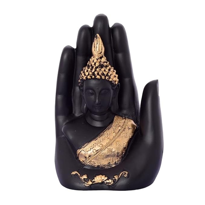 eCraftIndia Golden Handcrafted Palm Buddha Polyresin Showpiece (12.5 cm x 7.5 cm x 17.5 cm, Black)