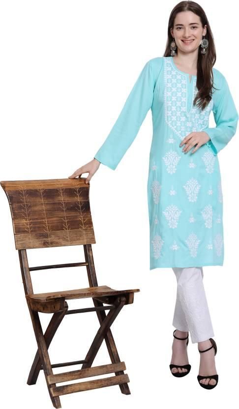 Women Chikan Embroidery Cotton Straight Kurti
