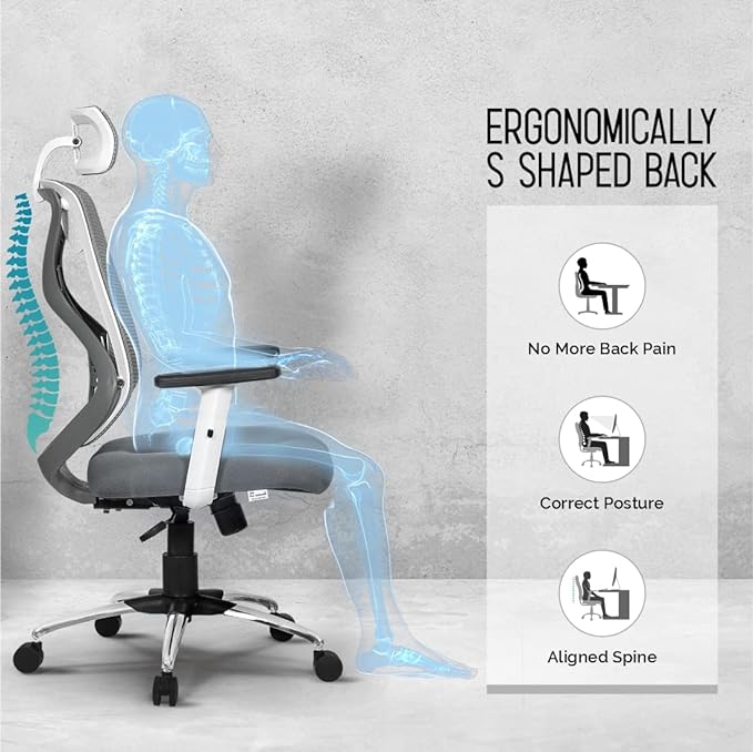 Da URBAN® Merlion Office Chair,High Back Mesh Ergonomic Home Office Desk Chair with 3 Years Warranty, Adjustable Armrests,Adjustable Lumbar Support,Tilt Lock Mechanism (Grey)