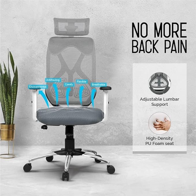Da URBAN® Merlion Office Chair,High Back Mesh Ergonomic Home Office Desk Chair with 3 Years Warranty, Adjustable Armrests,Adjustable Lumbar Support,Tilt Lock Mechanism (Grey)