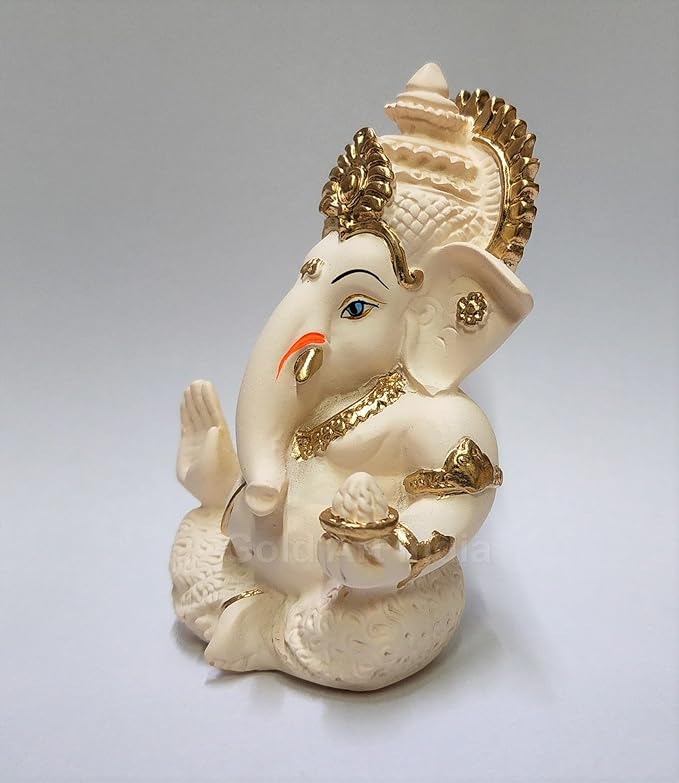 Gold Art India Peach Ivory Finish Ganesha Idol Car Dashboard Idol Home Decor Gifting Diwali Showpiece 3.5" Inches