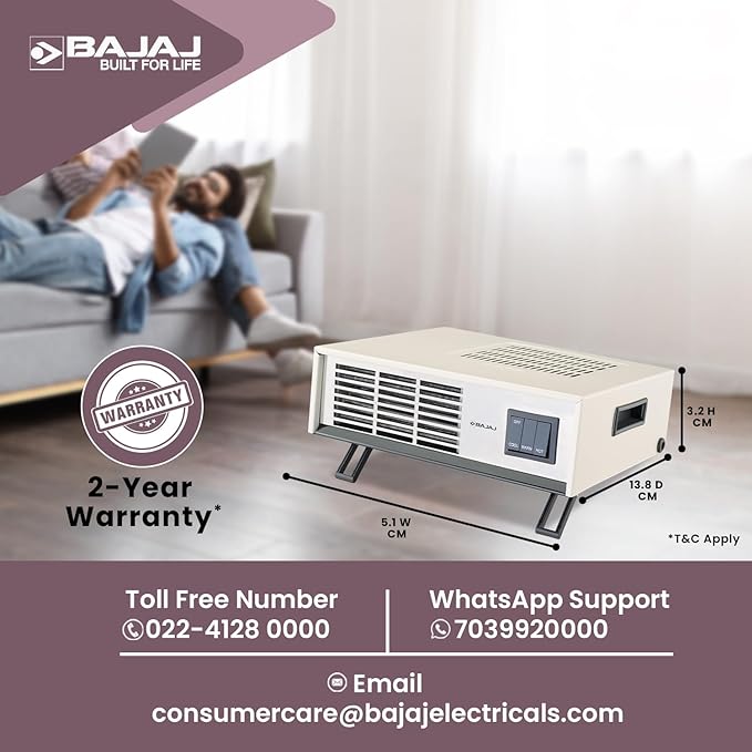 Bajaj Blow Hot Portable Room Heater For Bedroom |2 Heat Settings-1000W/2000W|Ideal Room Heater For Winter|Easy Mobility|Compact Design|Auto-Thermal Cut-Off|2-Yr Warranty By Bajaj| White Color