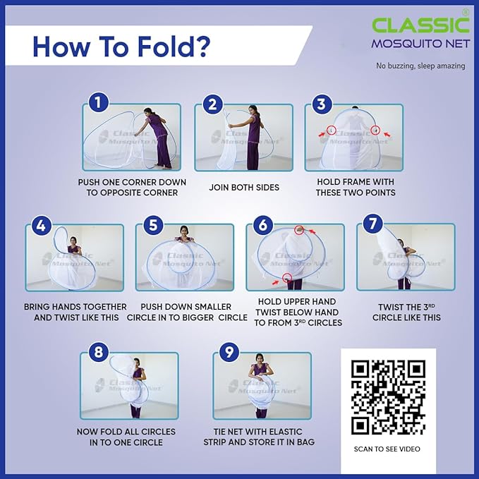 Classic Mosquito Net for Double Bed | King Size Foldable Machardani | Polyester 30GSM Strong Net | PVC Coated Corrosion Resistant Steel Wire - Blue