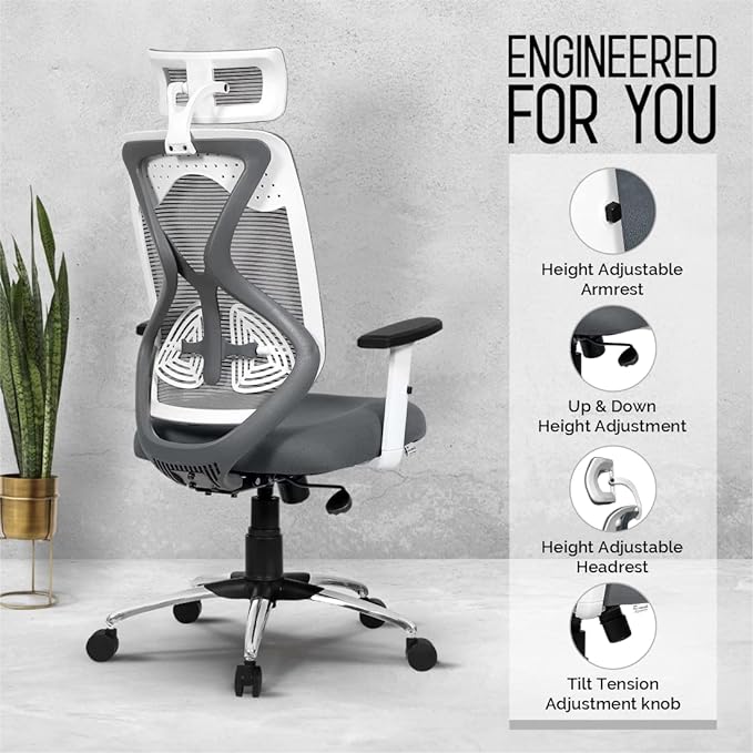 Da URBAN® Merlion Office Chair,High Back Mesh Ergonomic Home Office Desk Chair with 3 Years Warranty, Adjustable Armrests,Adjustable Lumbar Support,Tilt Lock Mechanism (Grey)