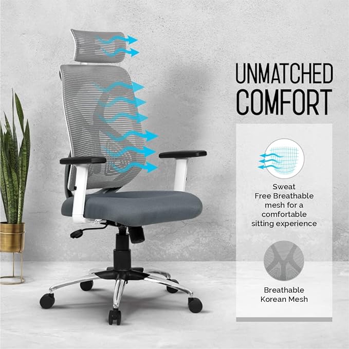 Da URBAN® Merlion Office Chair,High Back Mesh Ergonomic Home Office Desk Chair with 3 Years Warranty, Adjustable Armrests,Adjustable Lumbar Support,Tilt Lock Mechanism (Grey)