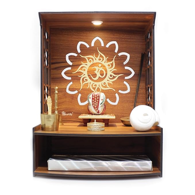 Heartily® Mangal Beautiful Wooden Pooja Stand for Home Pooja Mandir for Home Temple for Home and Office Puja Mandir for Home Wall Mounted with LED Spot Light Size (H- 15.5, L- 11.5, W-11 Inch)
