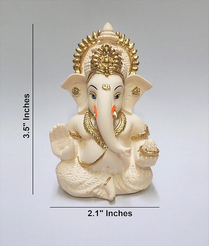 Gold Art India Peach Ivory Finish Ganesha Idol Car Dashboard Idol Home Decor Gifting Diwali Showpiece 3.5" Inches