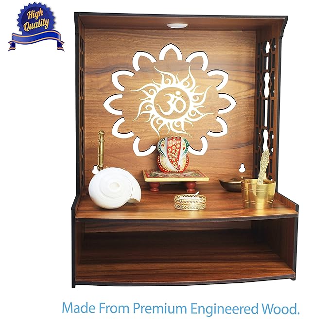 Heartily® Mangal Beautiful Wooden Pooja Stand for Home Pooja Mandir for Home Temple for Home and Office Puja Mandir for Home Wall Mounted with LED Spot Light Size (H- 15.5, L- 11.5, W-11 Inch)