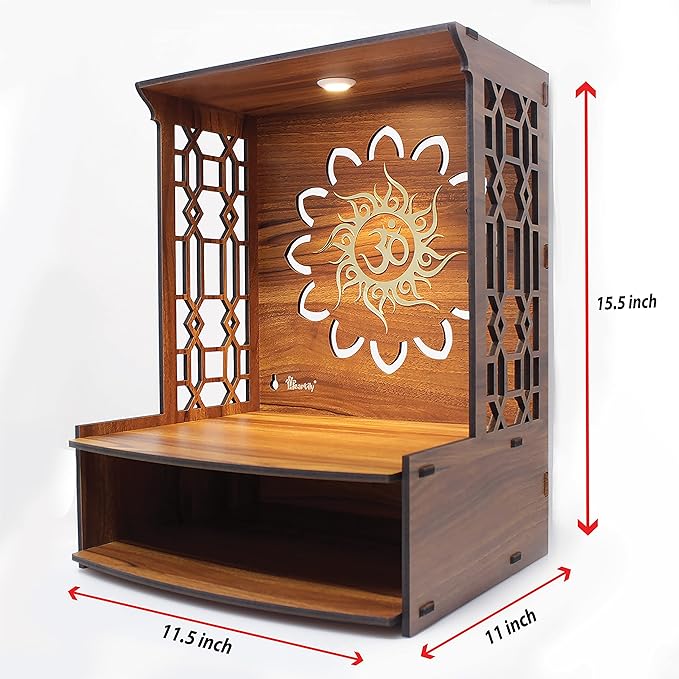 Heartily® Mangal Beautiful Wooden Pooja Stand for Home Pooja Mandir for Home Temple for Home and Office Puja Mandir for Home Wall Mounted with LED Spot Light Size (H- 15.5, L- 11.5, W-11 Inch)