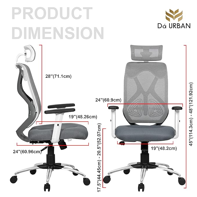 Da URBAN® Merlion Office Chair,High Back Mesh Ergonomic Home Office Desk Chair with 3 Years Warranty, Adjustable Armrests,Adjustable Lumbar Support,Tilt Lock Mechanism (Grey)