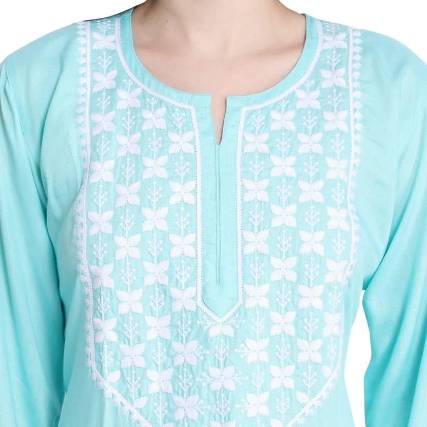 Women Chikan Embroidery Cotton Straight Kurti