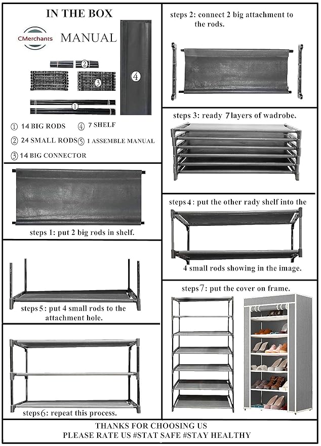 CMerchants Smart Buy Home Utility Portable Space Saving 6 Layer Metal Shoe Rack Organizer Stand GREY