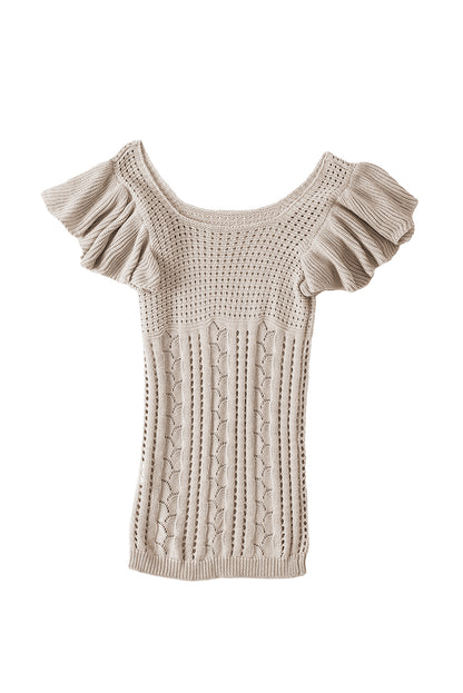 Beige Flutter Sleeve Hollowed Pointelle Knit Top