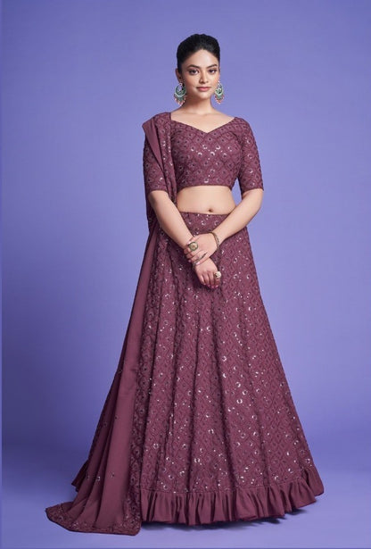 Rose Wood Diamond Georgette Thread Worked Lehenga