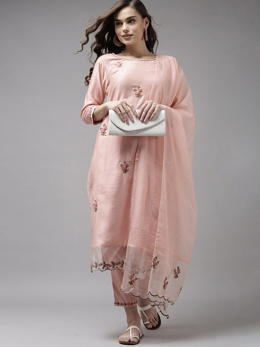 Peach Party Wear Embroidery Worked Kurta With Pant And Duppata Set