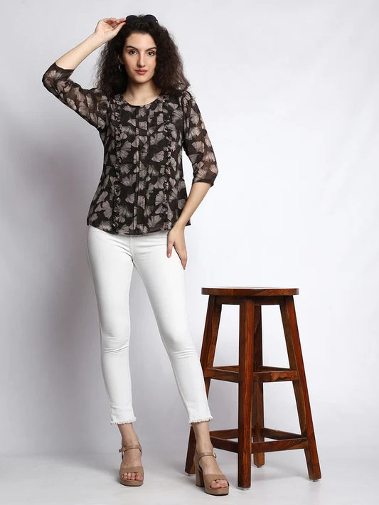 Casual Printed Women Black Round Neck Top