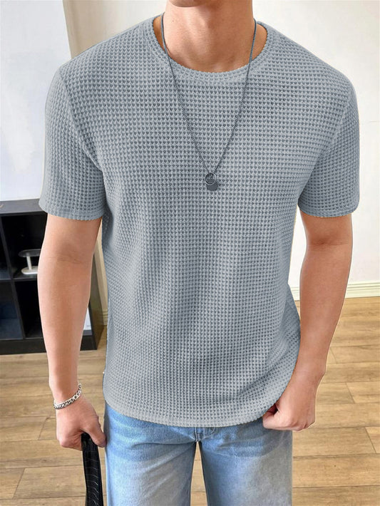 Men Solid Round Neck Waffle  Grey T-Shirt