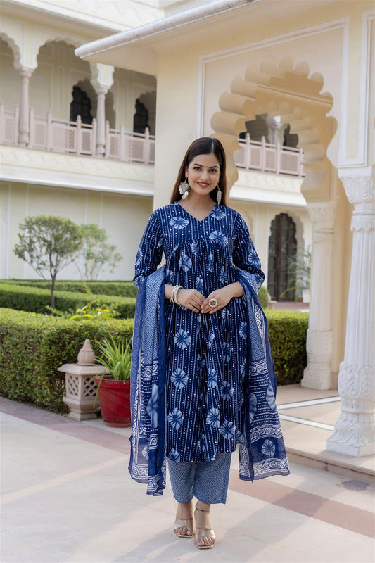 Women Blue Indigo Kurta and Pant Set With Dupatta