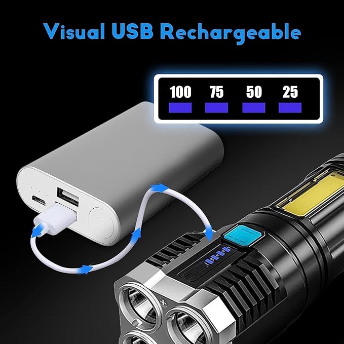 4 in 1 LED Torch Lights | Rechargeable Emergency Torch Light | USB Charge Flashlight