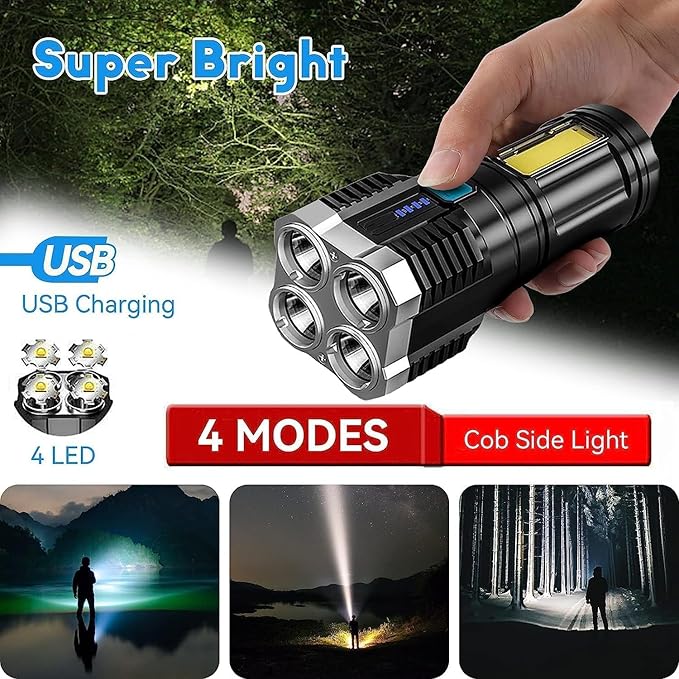 4 in 1 LED Torch Lights | Rechargeable Emergency Torch Light | USB Charge Flashlight
