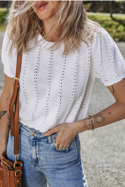White Pointelle Knit Short Puff Sleeve Crewneck Sweater