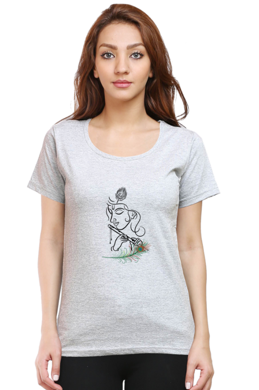 Female Round Neck Half Sleeve Classic T-Shirt -  Shree Krishna with Flute DTF Print