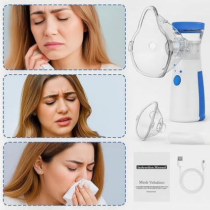 Portable, Rechargeable, Mesh Nebulizer for Adults & Kids, Handheld Nebulizer Machine with 2 Masks, 1 Mouth piece & Usb, Cool Mist In-hailer for Cold & Cough, Breathing Problems