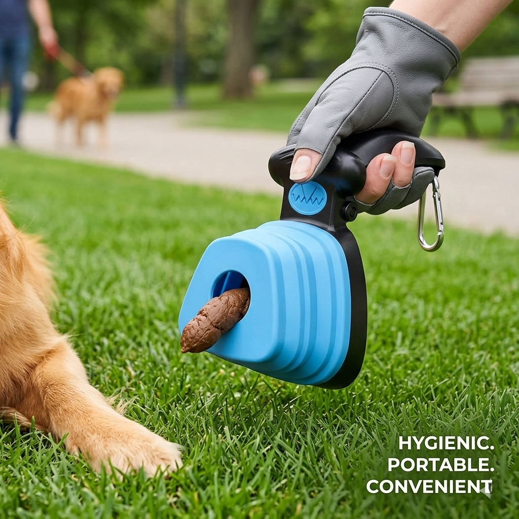 Dog waste bag dispenser with a bag being dispensed, held by a gloved hand on grass with a dog in the background.