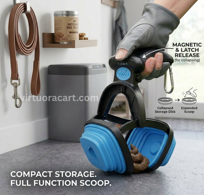 Pet waste scooper with magnetic latch release mechanism, shown in use with a leash and trash can in the background.