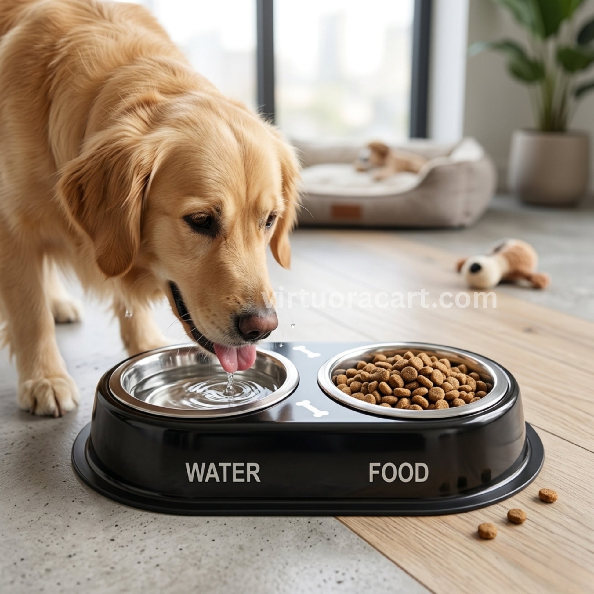 Dog drinking water from a black pet bowl with 'Water' and 'Food' labels.
