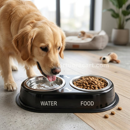Dog drinking water from a black pet bowl with 'Water' and 'Food' labels.