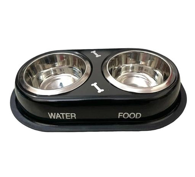 Pet food and water bowl with black base and silver bowls on a white background
