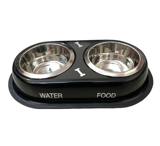 Pet food and water bowl with black base and silver bowls on a white background