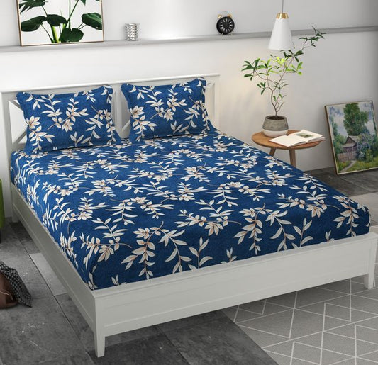 Premium Microfiber Elastic Fitted Double Bedsheet with 2 Pillow Covers - Navy Blue