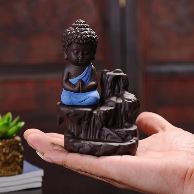 eCraftIndia Meditating Monk Buddha Smoke Backflow Cone Incense Holder Decorative Showpiece with 10 Free Smoke Backflow Scented Cone Incenses