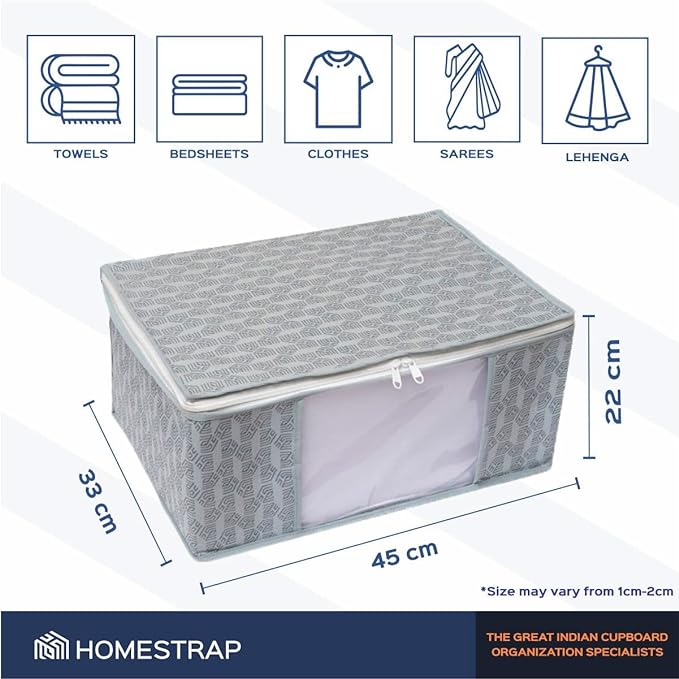 Homestrap Set of 6 Non-Woven Printed Saree Cover/Cloth Storage/Organizer with Transparent Window (Grey)(Featured on Shark Tank)