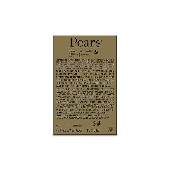 Pears Pure & Gentle Soap Bar (Combo Pack of 8) - With Glycerin for Soft, Glowing Skin & Body, Paraben-Free Body Soaps For Bath Ideal for Men & Women