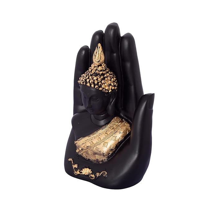 eCraftIndia Golden Handcrafted Palm Buddha Polyresin Showpiece (12.5 cm x 7.5 cm x 17.5 cm, Black)
