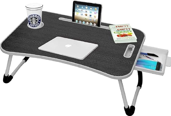 Callas Multipurpose Foldable Laptop Table with Cup Holder | Drawer | Mac Holder | Study Table, Breakfast Table, Foldable and Portable/Ergonomic & Rounded Edges/Non-Slip Legs (WA-27-Black) | Metal