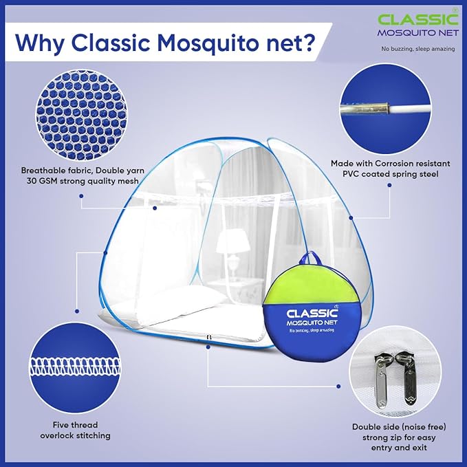 Classic Mosquito Net for Double Bed | King Size Foldable Machardani | Polyester 30GSM Strong Net | PVC Coated Corrosion Resistant Steel Wire - Blue