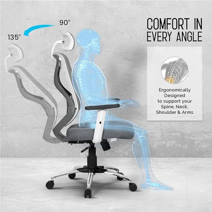 Da URBAN® Merlion Office Chair,High Back Mesh Ergonomic Home Office Desk Chair with 3 Years Warranty, Adjustable Armrests,Adjustable Lumbar Support,Tilt Lock Mechanism (Grey)
