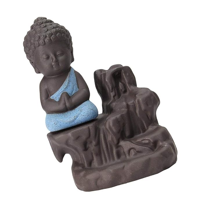 eCraftIndia Meditating Monk Buddha Smoke Backflow Cone Incense Holder Decorative Showpiece with 10 Free Smoke Backflow Scented Cone Incenses