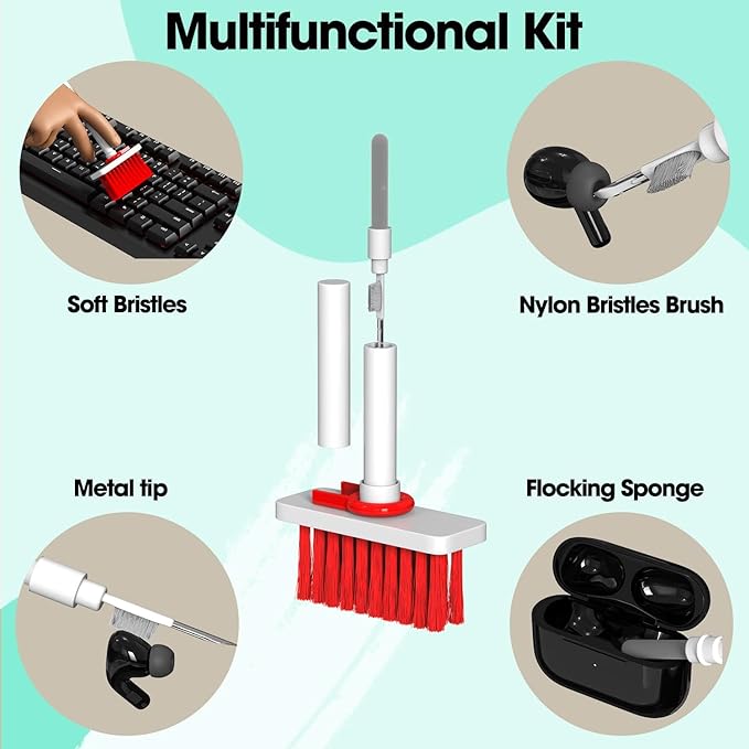 Sounce Cleaning Soft Brush Keyboard Cleaner 5-in-1 Multi-Function Computer Cleaning Tools Kit Corner Gap Duster Keycap Puller for Bluetooth Earphones Lego Laptop AirPods Pro Camera Lens (Red)